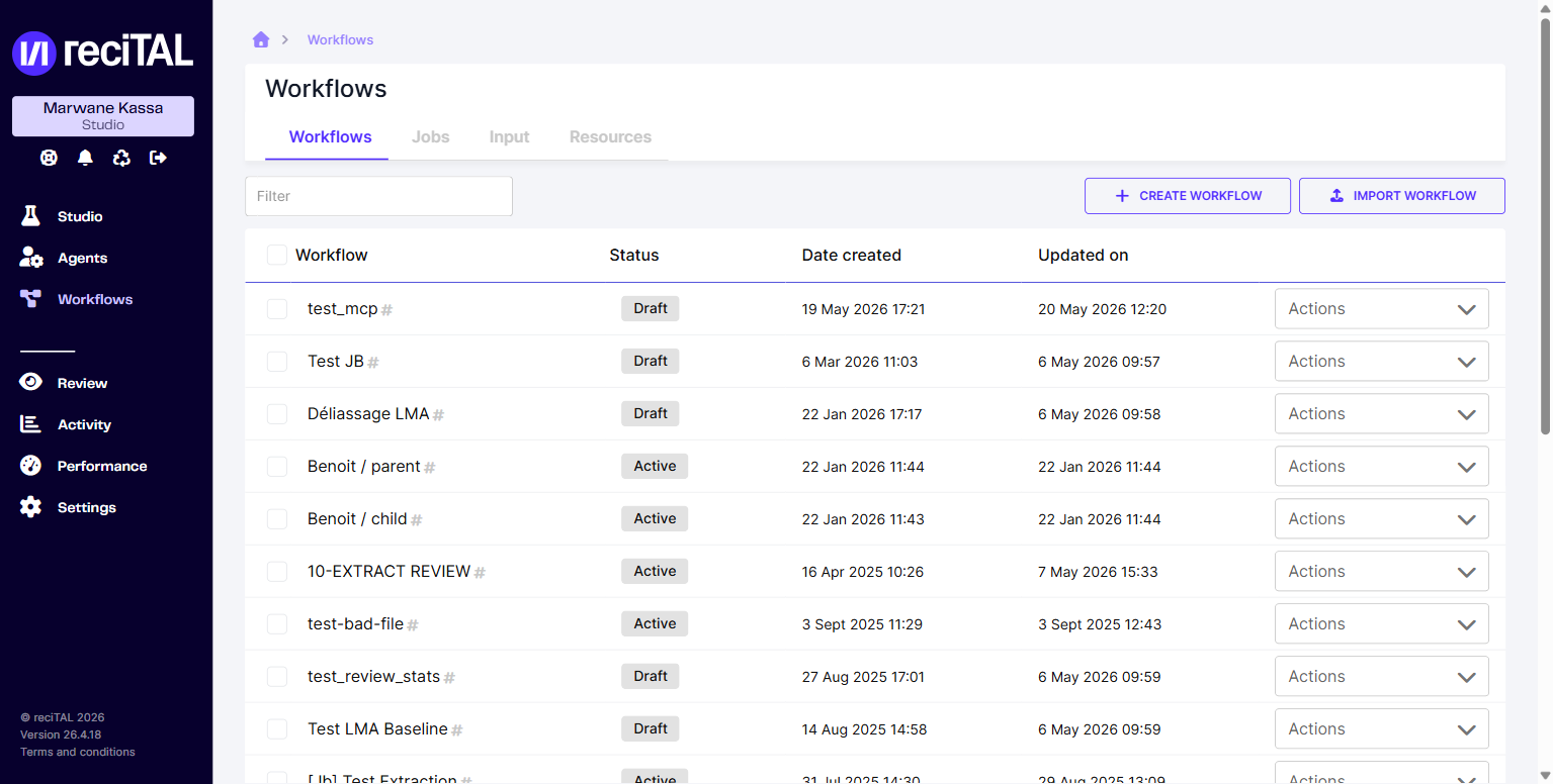 Liste des Workflows