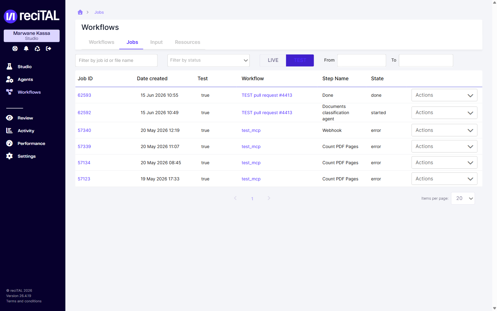 Onglet Jobs : tableau des jobs